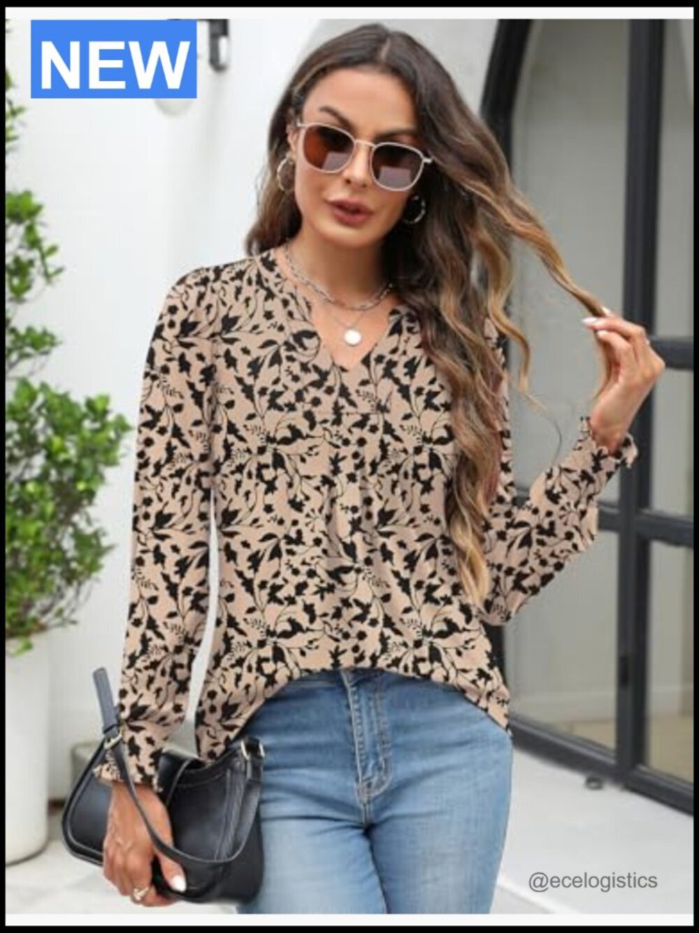 Women's V Neck Long Sleeve Ruffle Cuff Blouse Top - Picture 4 of 7